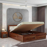 Moon Solid Sheesham Wood Hydraulic Bed With Cushioned Headboard (Queen Size, Natural Finish)
